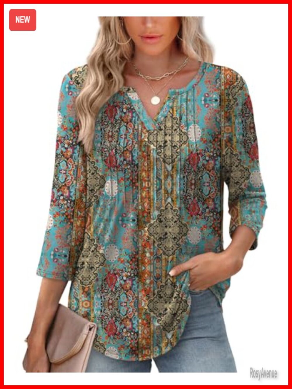 3/4 Sleeve V-Neck Pleated Blouse for Women Casual Floral Tunic Top